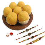 Holy Set of Besan Ladoo N Four Rakhi with Roli Cha...