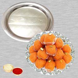 Haldiram Ladoo N Silver Thali with Roli Tilak and ...
