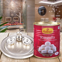 1 Kg. Haldiram Rasgulla with Silver Plated Puja Th...