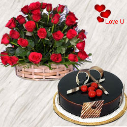 50 Dutch Red Roses Basket with Chocolate Cake....