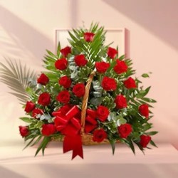 Exotic Selection of 30 Red Color Roses in a Basket...