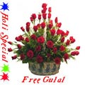 50 Red Roses Arranged in a Basket with Greens and ...