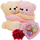 Cute Hugging Couple Teddy with 1 Velvet Rose and 3...