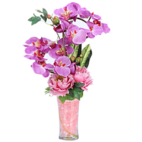 Charming Synthetic Roses n Orchids display in a Glass Vase Charming Synthetic Roses n Orchids display in a Glass Vase