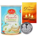 Luscious Rasmalai With Silver Plated Coin And Diwali Card Luscious Rasmalai With Silver Plated Coin And Diwali Card