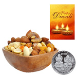 Healthy Mix Dry Fruits With Silver Plated Coin And Diwali Card Healthy Mix Dry Fruits With Silver Plated Coin And Diwali Card