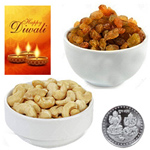 Fresh Cashews And Raisin With Silver Plated Coin And Diwali Card Fresh Cashews And Raisin With Silver Plated Coin And Diwali Card