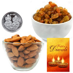 Nutrient Almonds And Raisin With Silver Plated Coin And Diwali Card Nutrient Almonds And Raisin With Silver Plated Coin And Diwali Card