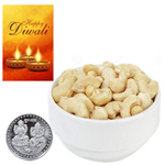 Nutritious Cashews With Silver Plated Coin And Diwali Card Nutritious Cashews With Silver Plated Coin And Diwali Card