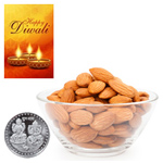 Nourishing Almonds With Silver Plated Coin And Diwali Card Nourishing Almonds With Silver Plated Coin And Diwali Card
