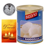 Appetizing Bikano Rasgulla With Silver Plated Coin And Diwali Card Appetizing Bikano Rasgulla With Silver Plated Coin And Diwali Card