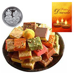 Succulent Assorted Sweets With Silver Plated Coin And Diwali Card Succulent Assorted Sweets With Silver Plated Coin And Diwali Card