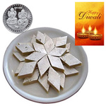Flavorous Kaju Katli With Silver Plated Coin And Diwali Card Flavorous Kaju Katli With Silver Plated Coin And Diwali Card