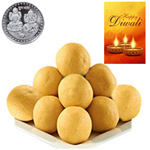 Scrumptious Besan Laddoo With Silver Plated Coin And Diwali Card Scrumptious Besan Laddoo With Silver Plated Coin And Diwali Card