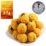 Piquant Bundi Laddoo With Silver Plated Coin And Diwali Card Piquant Bundi Laddoo With Silver Plated Coin And Diwali Card