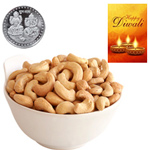 Healthy Delicious Cashews With Silver Plated Coin And Diwali Card Healthy Delicious Cashews With Silver Plated Coin And Diwali Card