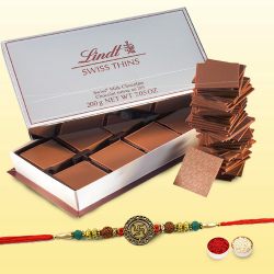 Luxurious Lindt Swiss Milk Thin Chocolates with Rakhi and Roli Tilak Chawal Luxurious Lindt Swiss Milk Thin Chocolates with Rakhi and Roli Tilak Chawal