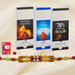 Fantastic Lindt Chocolate Bars with Rakhi Hamper with Everlasting Joy Fantastic Lindt Chocolate Bars with Rakhi Hamper with Everlasting Joy