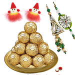Daintily Arranged Ferrero Rocher Chocolates in a Golden Plated Thali with Family Set of Rakhi and Roli Tilak Chawal Daintily Arranged Ferrero Rocher Chocolates in a Golden Plated Thali with Family Set of Rakhi and Roli Tilak Chawal
