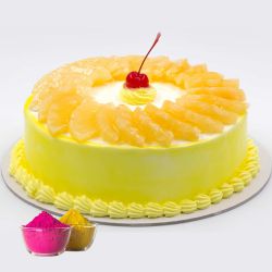 Fresh Baked Egg less Pineapple Cake 1Lbs .Filled with Soft Creams from top bakery in the city with free Gulal/Abir Pouch. Fresh Baked Egg less Pineapple Cake 1Lbs .Filled with Soft Creams from top bakery in the city with free Gulal/Abir Pouch.