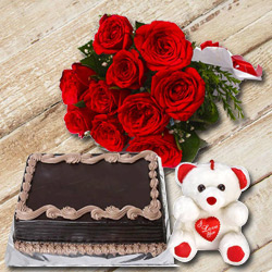 Blooming Bouquet of Red Roses with Small Teddy nd a Chocolate Cake Blooming Bouquet of Red Roses with Small Teddy nd a Chocolate Cake