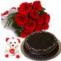 Enchanting Red Roses Bouquet with Chocolaty Truffle Cake & Small Teddy Enchanting Red Roses Bouquet with Chocolaty Truffle Cake & Small Teddy