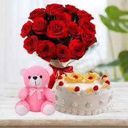 Breathtaking Combo of Red Color Roses Bouquet with Pineapple Cake & Small Teddy Breathtaking Combo of Red Color Roses Bouquet with Pineapple Cake & Small Teddy