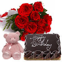 Finest Eggless Choco Cake with Red Roses Bouquet & Small Teddy Finest Eggless Choco Cake with Red Roses Bouquet & Small Teddy