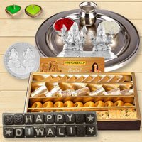 Silver Laxmi Puja Hamper with Assorted Sweets and Chocolate for Diwali Silver Laxmi Puja Hamper with Assorted Sweets and Chocolate for Diwali