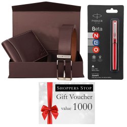 Spectacular Choice of Gift Voucher worth Rs.1000 from Shoppers Stop, Parkar Beta Pen and a Box of Wallet N Belt Spectacular Choice of Gift Voucher worth Rs.1000 from Shoppers Stop, Parkar Beta Pen and a Box of Wallet N Belt