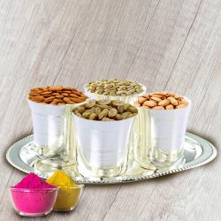 Dry Fruits in Silver Glass and Tray with free Gulal/Abir Pouch Dry Fruits in Silver Glass and Tray with free Gulal/Abir Pouch