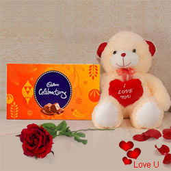Cadburys Celebration Pack with a silk rose and A 12 inch Cute Teddy Bear. Cadburys Celebration Pack with a silk rose and A 12 inch Cute Teddy Bear.