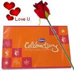 Assorted Cadburys Chocolates Celebration with One Velvet Red Rose Assorted Cadburys Chocolates Celebration with One Velvet Red Rose