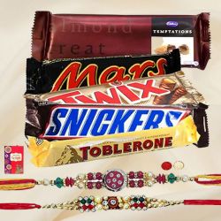 Delicous Chocolate Bars Hamper with 2 Designer Rakhi and Roli Tilak Chawal Delicous Chocolate Bars Hamper with 2 Designer Rakhi and Roli Tilak Chawal