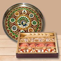 Wonderful Meenakari styled Subh Labh Stainless Steel Thali with Haldiram Assorted Sweets Wonderful Meenakari styled Subh Labh Stainless Steel Thali with Haldiram Assorted Sweets