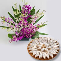 Orchids Basket and Kaju Katli Orchids Basket and Kaju Katli