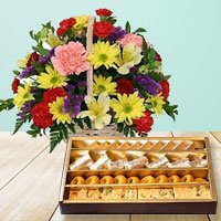 Mixed Flowers Basket with Assorted Sweets Mixed Flowers Basket with Assorted Sweets