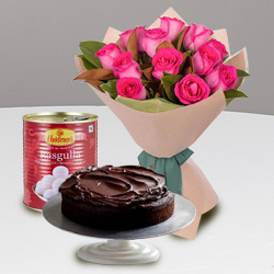 12 Red Roses and Haldiram Rasgulla with Eggless Cake 1 Kg. 12 Red Roses and Haldiram Rasgulla with Eggless Cake 1 Kg.