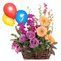 Colorful Bouquet of Beautiful Flowers and Bright Balloons Filled with Happiness Colorful Bouquet of Beautiful Flowers and Bright Balloons Filled with Happiness