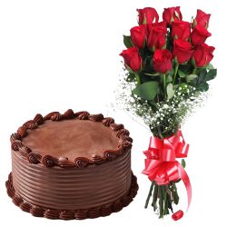 Exotic 10 Red Roses with 1/2 Kg Chocolate Cake Exotic 10 Red Roses with 1/2 Kg Chocolate Cake