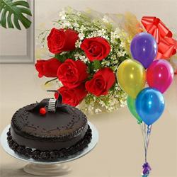 Garnished 1 Kg Chocolate Cake with 6 Red Roses and 5 Balloons Garnished 1 Kg Chocolate Cake with 6 Red Roses and 5 Balloons