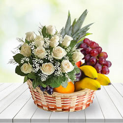 Touching Basket of Fresh Fruits with White Roses Bunch Touching Basket of Fresh Fruits with White Roses Bunch