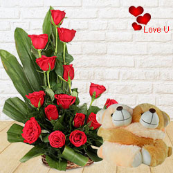 Breathtaking Arrangement of Red Roses and Twin Teddy Breathtaking Arrangement of Red Roses and Twin Teddy
