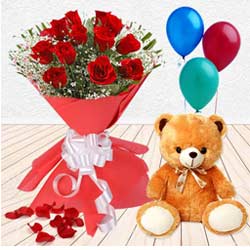 Love and Passion Red Roses, Teddy and Balloons Gift Combo Love and Passion Red Roses, Teddy and Balloons Gift Combo
