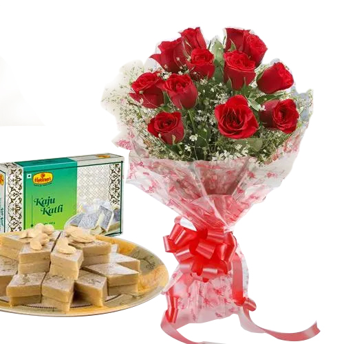 Enchanted Bouquet Made of Twelve Red Roses with Kaju Katli 250 Gms. Enchanted Bouquet Made of Twelve Red Roses with Kaju Katli 250 Gms.
