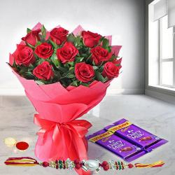 Sweet Sensation Rose Bouquet with Dairy Milk Chocolates with Rakhi and Roli Tilak Chawal Sweet Sensation Rose Bouquet with Dairy Milk Chocolates with Rakhi and Roli Tilak Chawal