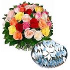 Kaju Barfi with Two Dozen Mixed Roses Kaju Barfi with Two Dozen Mixed Roses