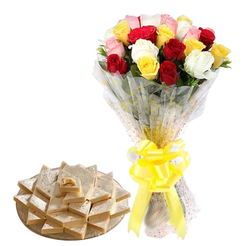 Beautiful 2 Dozen Mixed Roses Bouquet with 1 Kg. Kaju Barfi Delight Beautiful 2 Dozen Mixed Roses Bouquet with 1 Kg. Kaju Barfi Delight