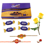 Cadburys Choclairs Gold Pack with 2 Rakhi with Two Yellow Rose Cadburys Choclairs Gold Pack with 2 Rakhi with Two Yellow Rose