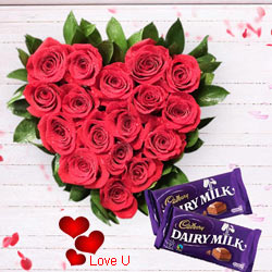 Red Roses in Heart Shape Arrangement with Cadbury Dairy Milk Red Roses in Heart Shape Arrangement with Cadbury Dairy Milk